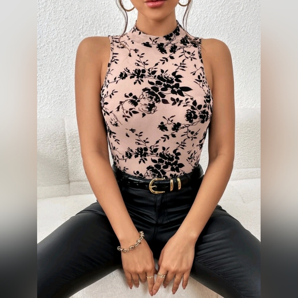 🌻2 for $20 | SHEIN Privé Floral Print Mock Neck Tank Bodysuit | Sheer Material